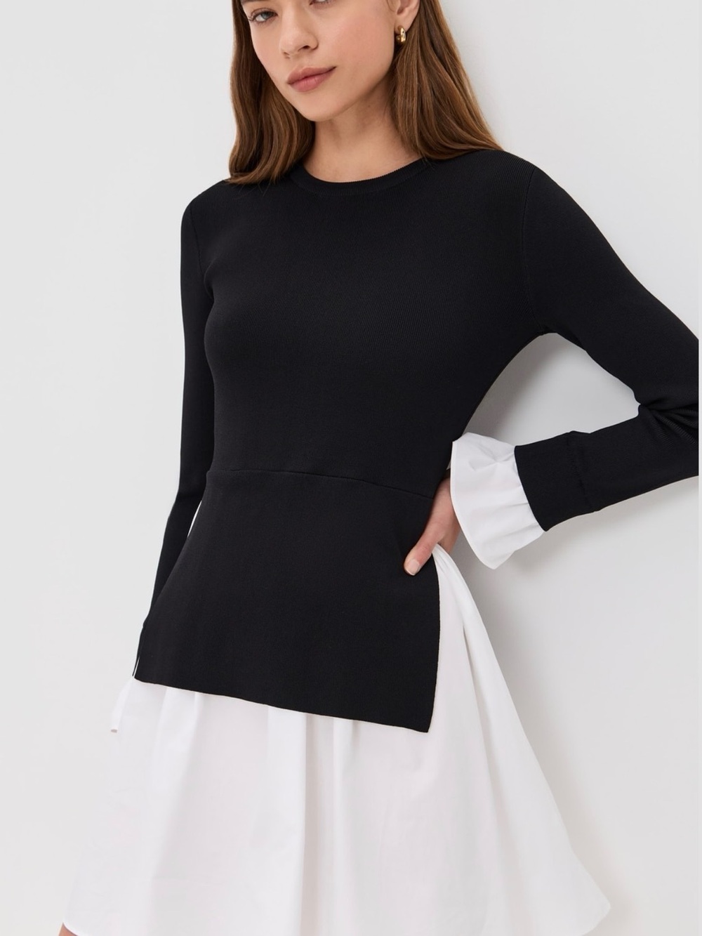 English Factory Black Knit Long Sleeve Top with White Cuff Detail